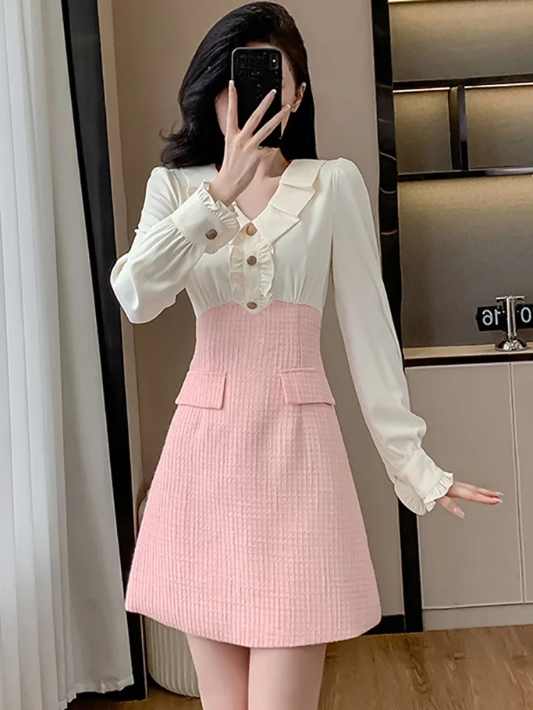 Женское розовое лоскутное белое мини-платье с длинным рукавом и рюшами на