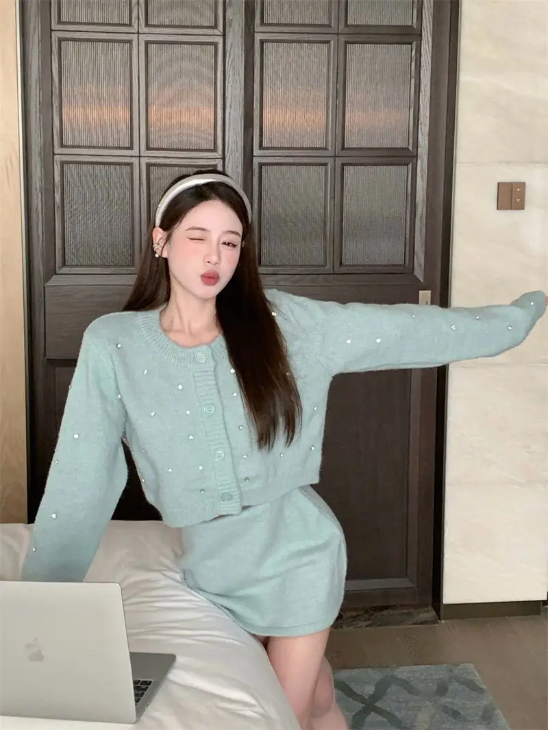 Korejpaa синяя женская одежда короткий вязаный свитер с бриллиантами
