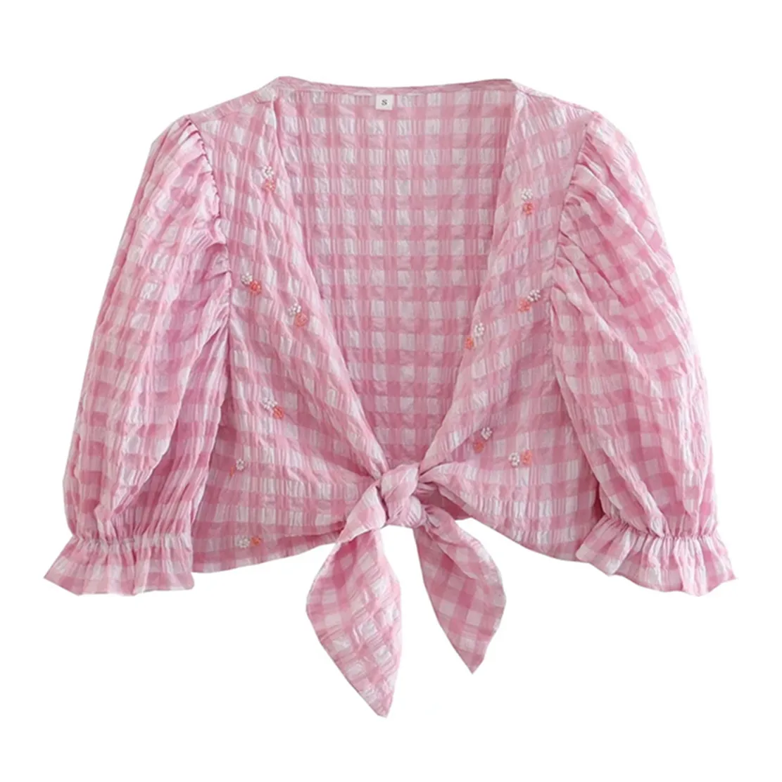 

Dave&Di 2022 Summer Fashion Blouse Women High Street Pink Color Beading Bow Plaid Sexy Short Tops Casual Shirt Women