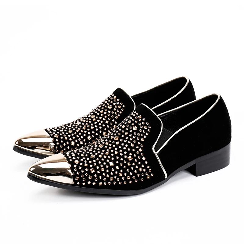 

Christia Bella New Fashion Pointed Toe Men Dress Shoes Rhinestone Suede Leather Man Party Loafers Slip on Men Casual Flat Shoes