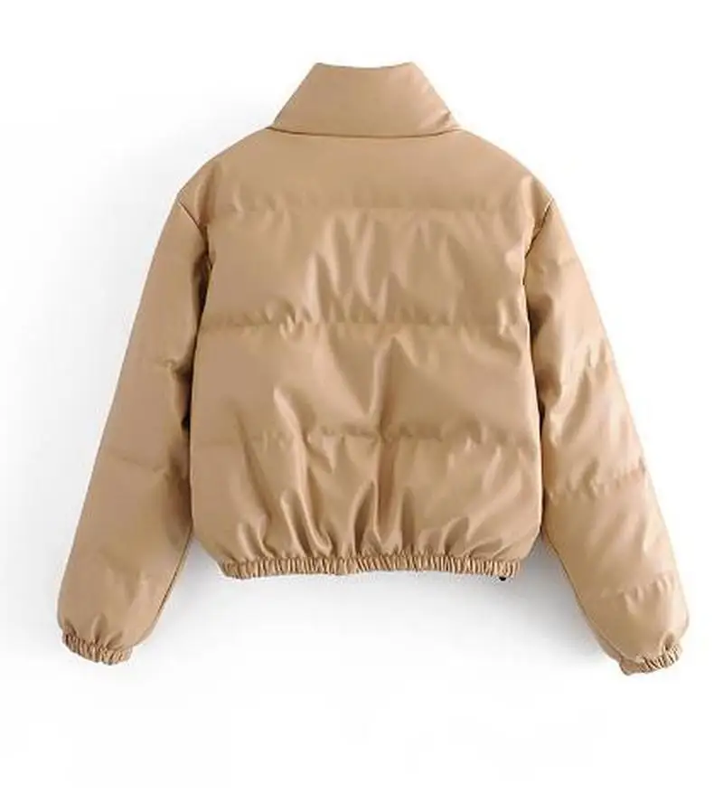 Women Casual High Waist Short Cotton Jacket Female Black Wild Thin Zipper Cotton Stand Collar Imitation Leather Cotton Coat New