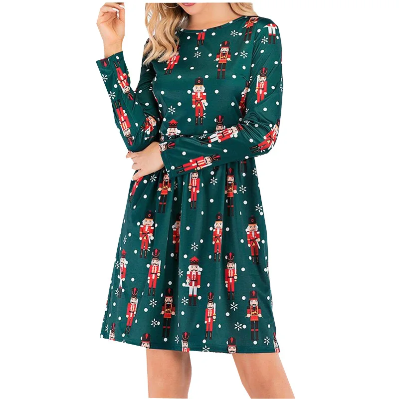 

2022 European and American Autumn and Winter Women's New Long-sleeved Printed Christmas Dress Loose Large Size A-line Skirt
