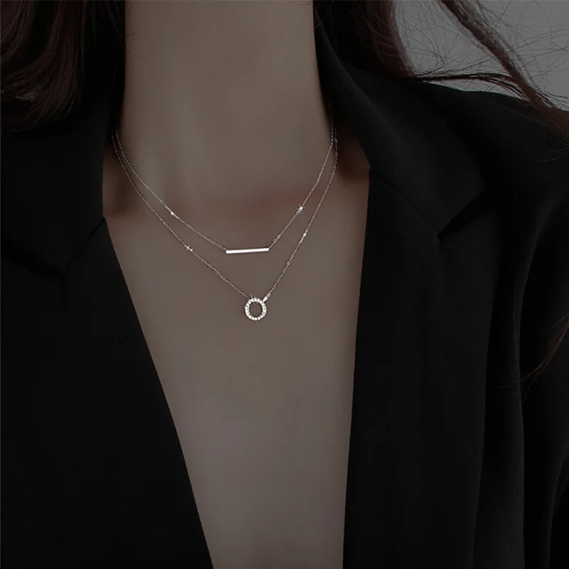 

99 sterling silver word double layered necklace femalediamond-encrusted circle sweater chain simple temperament necklace