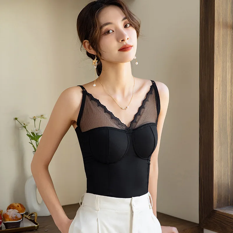 

French Chic Tank Tops with Built In Bras Women Workout Lace Patchwork Femme Croset Seamless Crop Camis Woman Tanks Camisoles