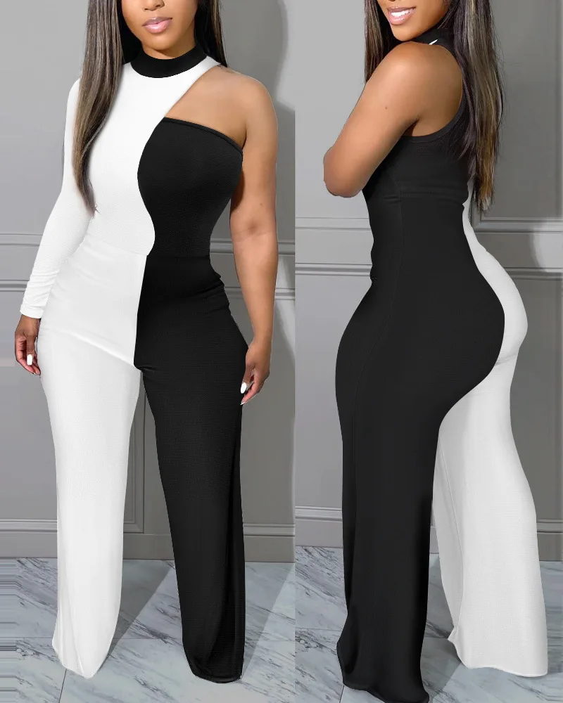 2022 New Women's Casual Women's Dress Pants Black and White Collision Splicing Skinny Jumpsuit