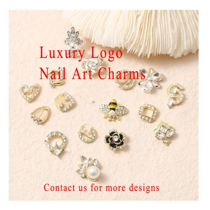 

5pcs Nail Art Decoration Zircon Nail Art Charms Kawaii Metal 3D Logo Luxury Brand Name Rhinestone Charms Crystal Decoration