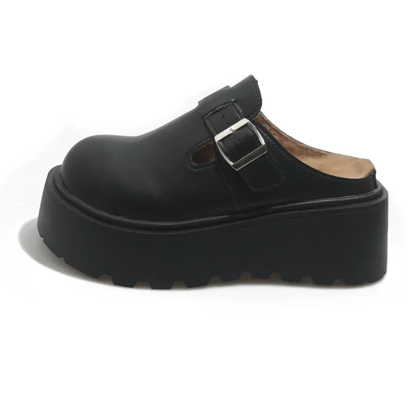 Женские хлопковые тапочки на платформе прогулочная кожаная обувь меху плоской