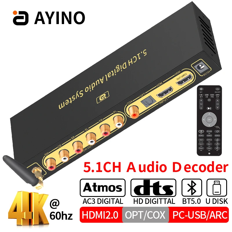 HD820B 5.1CH аудио преобразователь декодер Bluethooth 5,0 приемник DAC HDMI2.0 4K @ 60hz ARC SPDIF коаксиальный DTSHD AC3 FLAC APE 4K 192khz