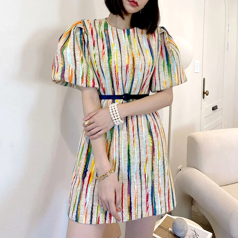 

Bandage Dress Fashion Round Neck Short Bubble Sleeve Korean Woolen Vestidos Elastic Waist Spring/autumn Striped Ladies Dresses