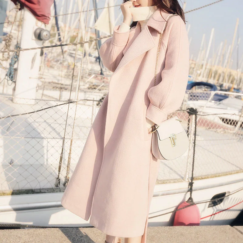 

2022 New Wool Trench Coat Plus Velvet Female Fashion Pink Elegent Autumn Winter Women Casual Lantern Sleeve Long Slim High