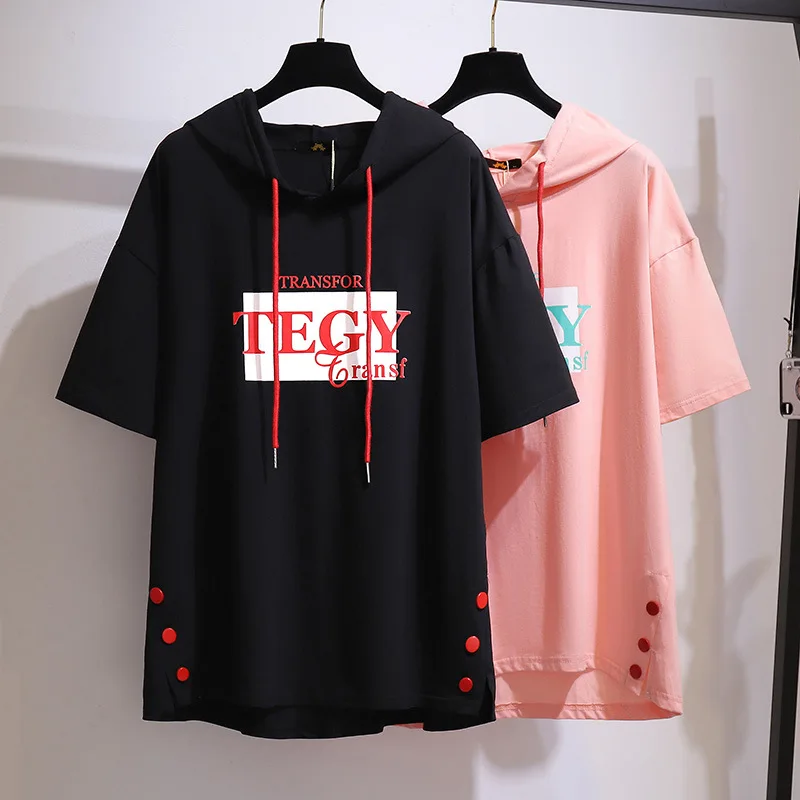 

Korean Loose Thin Short-sleeved t-shirt 2023 New Summer Large Size Letter T shirts For Women's Clothing Hooded Tops Tee AC101