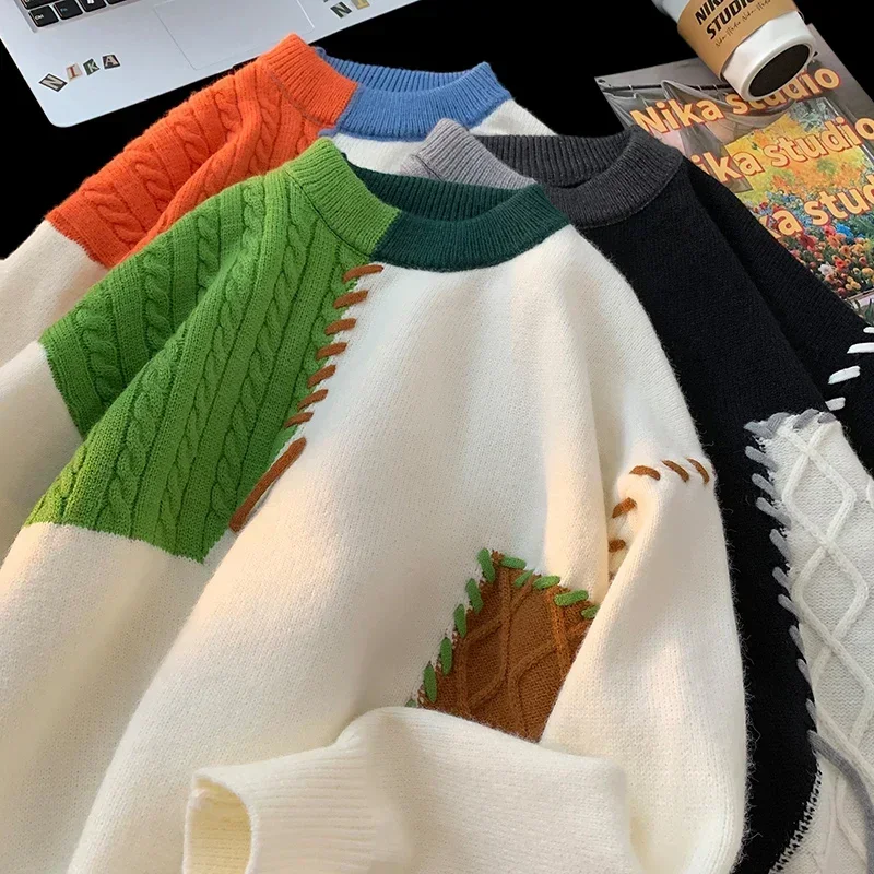 Autumn Patchwork Colour Round Neck Jumper Loose Warm Knit Sweater Lazy Wind Casual Bottoming Shirt Women Men Clothing