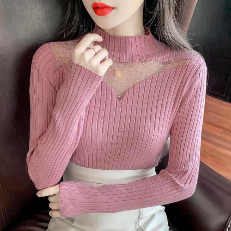 

Трикотажная нижняя рубашка с полувысоким воротником, Женский пуловер, новинка 2021, черный