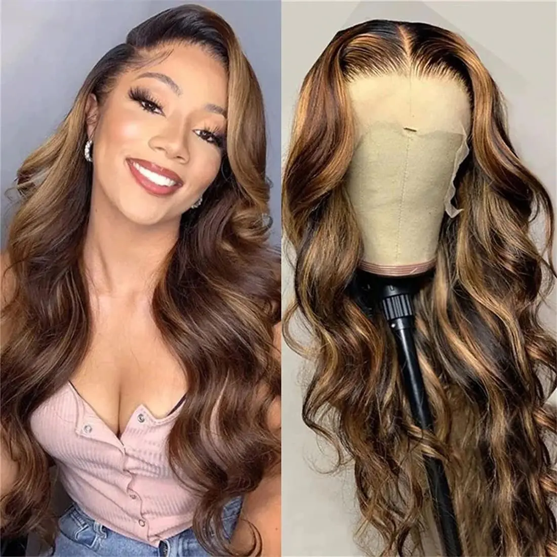Highlight Wigs Human Hair 13X4 HD Transparent Lace Front Body Wave Wig 4/27 Ombre Brown Colored Human Hair Wigs for Black Women