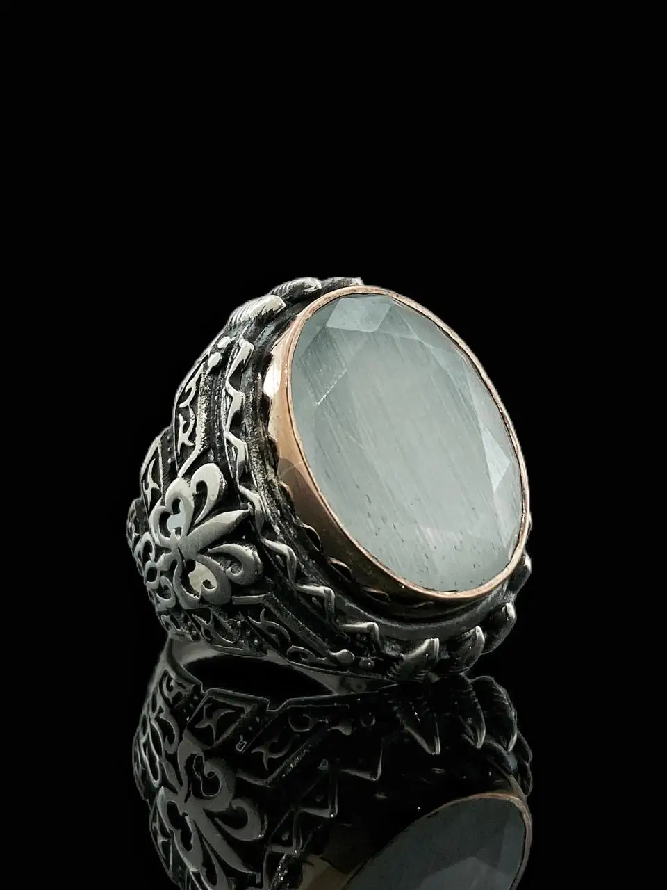 

White Cat 'S Eye Stone Handwork 925 Silver Men 'S Ring