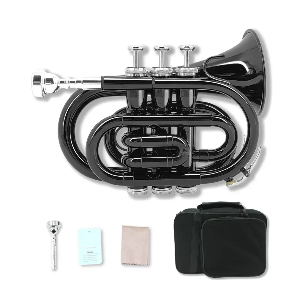 yinfente black Bb Brass Pocket Trumpet with Case Mouthpiece Cleaning Cloth Gift Kit Nice