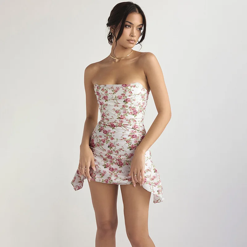 

Floral Slim Fit Tube Top Gathered Swing Dress Boho Beach Dress Dress Drawstring Skinny Sexy Women Streetwear
