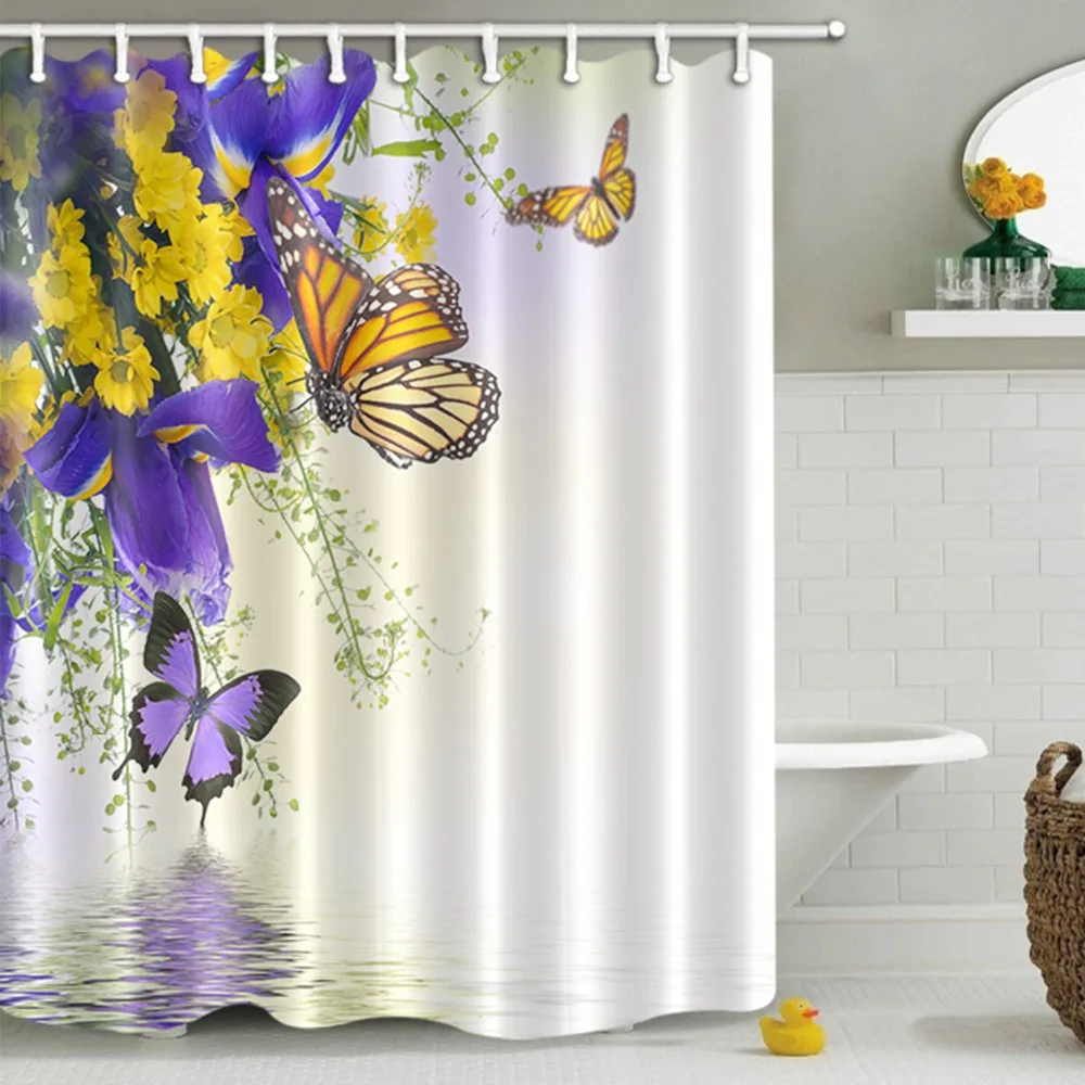 

Водонепроницаемая белая занавеска для душа, занавеска из полиэстера с фиолетовыми бабочками и желтыми цветами для ванной комнаты