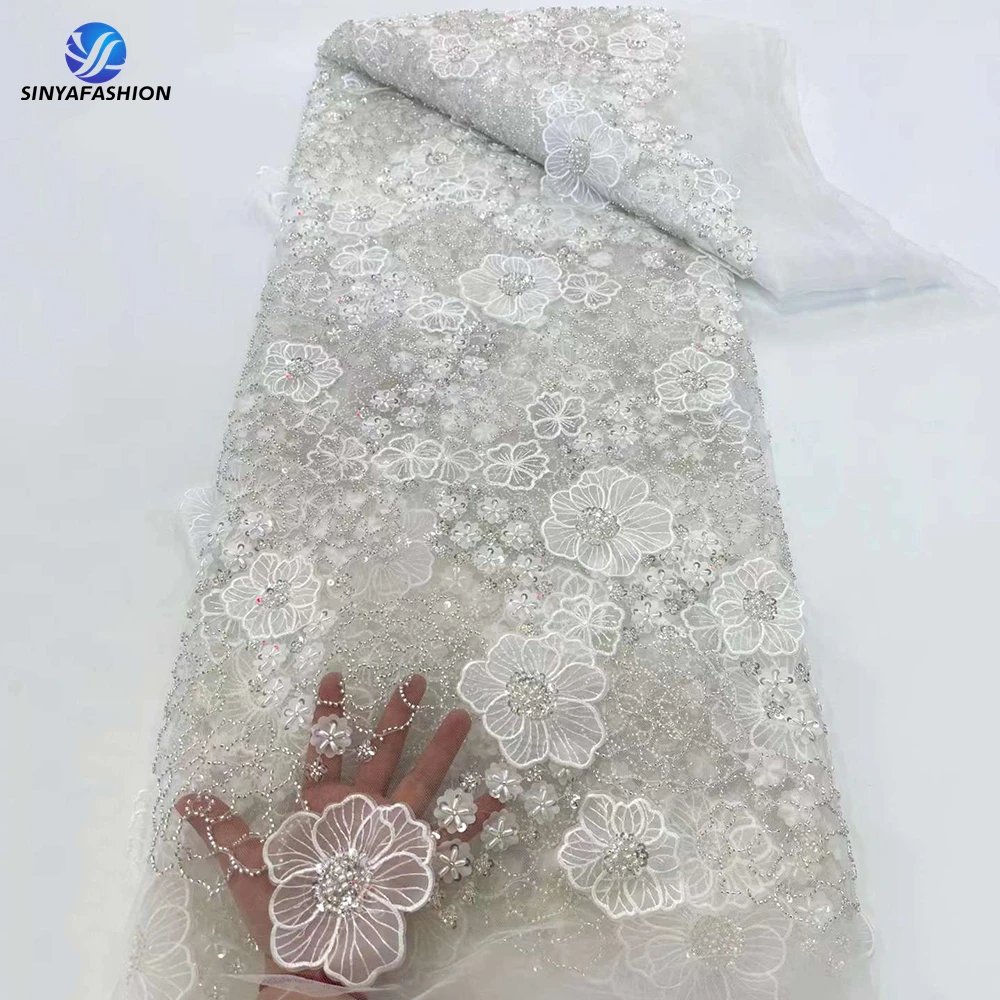 

Sinya 2024 White Wedding Bridal Dress Luxury Beaded Lace Fabric High Quality Handmade Flower Applique 3D Lace With Bubble Beads