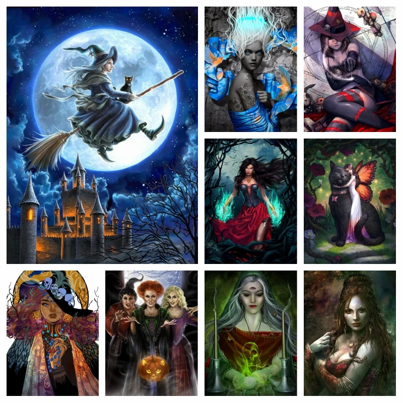 

Halloween Three Pumpkin Witches Gothic Art Diamond Painting AB Drills With Horror Skull And Black Cat Cross Stitch Home Decor