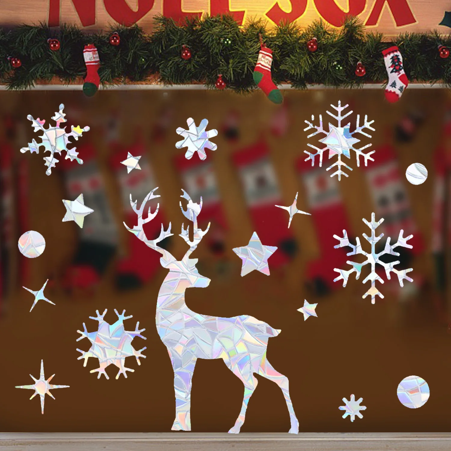 Наклейки со стеклянными элементами снежинка лось Санта искусственный ПВХ