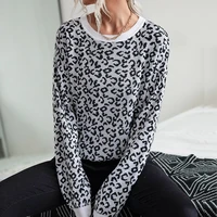 casual chic ladies top 2022 autumn and winter new office womens round neck knitted pullover leopard print bottoming sweater