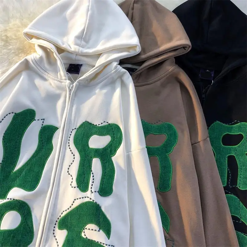 

Толстовки с надписью и вышивкой на спине, уличная толстовка с двойным капюшоном, Женский Топ, модная Осенняя свободная толстовка на молнии, ...