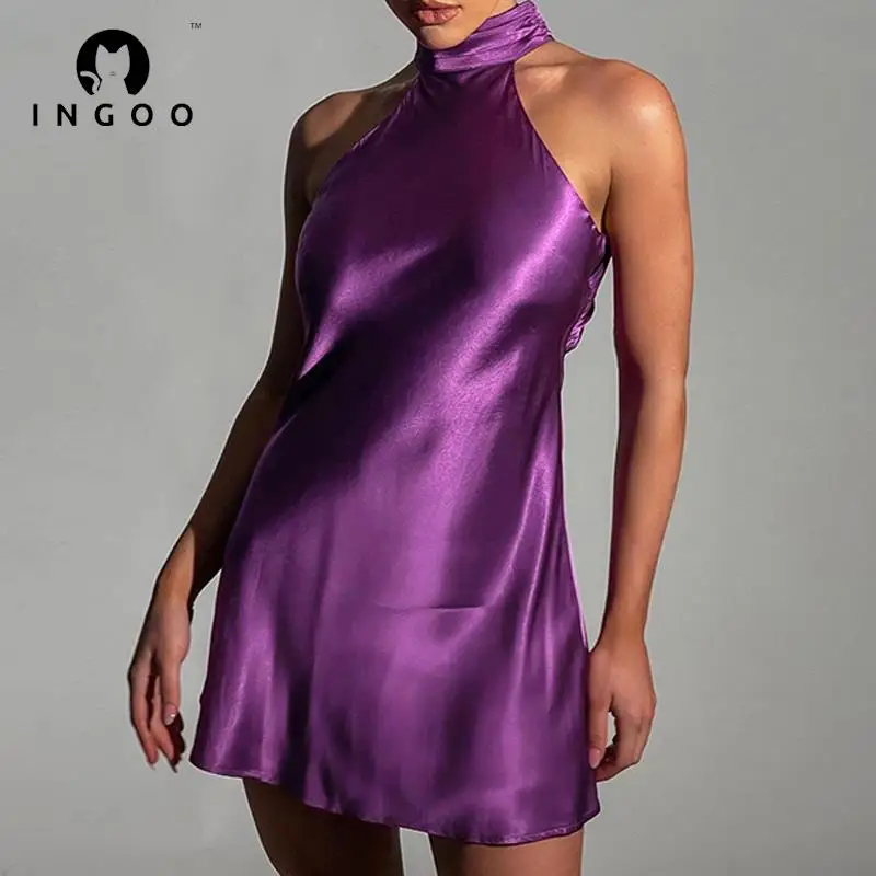 

INGOO Off The Shoulder Backless Satin Halter Bodycon Sexy Short Dresses For Party Elegant Yellow Purple Silk Mini Dress Clubwear