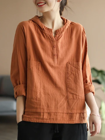 8961 Women's Hoodie T-shirts Spring Summer Fashion Solid Color Casual Pullover Tees Office Ladies Cotton Linen Long Sleeve Tops