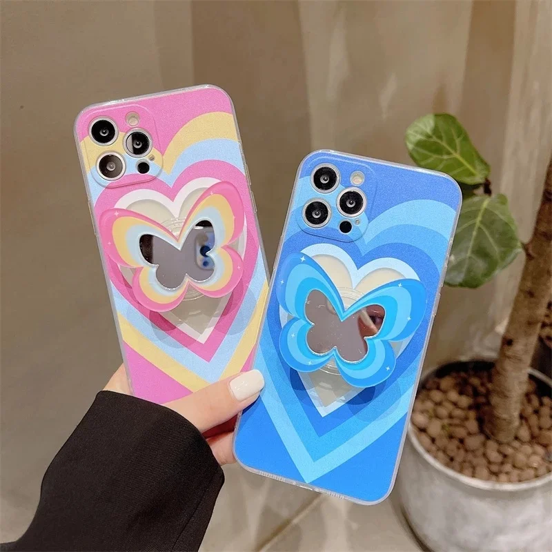 

Cute Butterfly Mirror Pink Love Heart Holder Stand Soft Phone Case for iPhone 13 12 11 Pro Max XR X XS Max 7 8 Plus Clear Cover