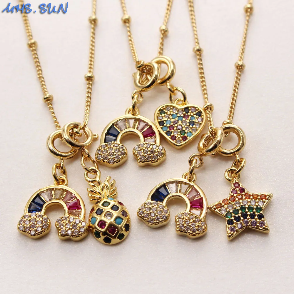 

MHS.SUN Colorful AAA Zircon Rainbow Heart Star Pendant Necklace Women Girls Chain Necklace Gold Plated Jewelry