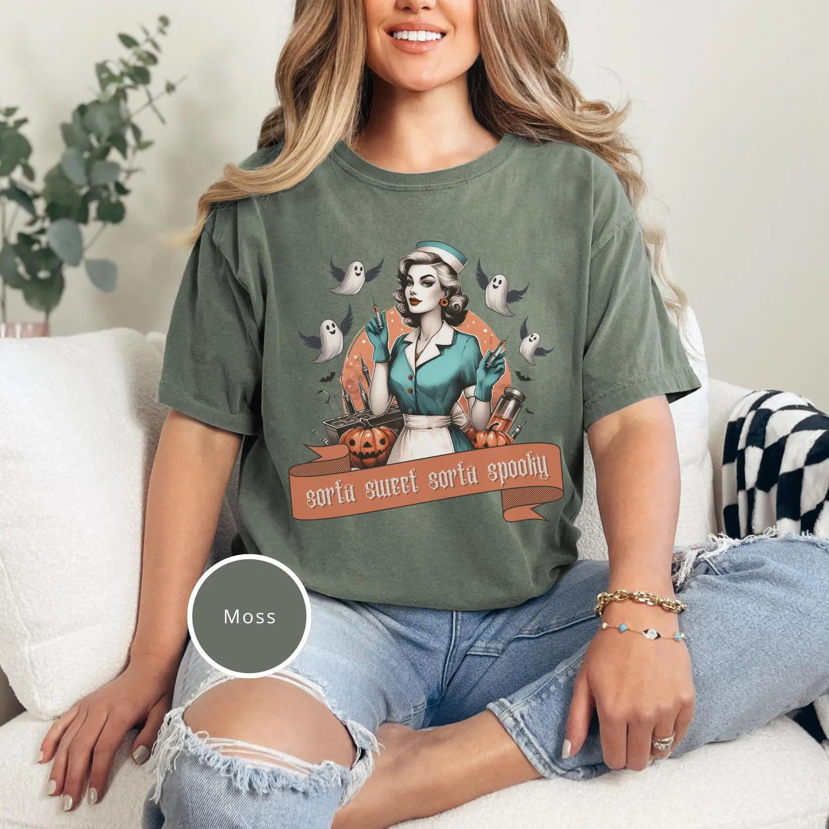 Комфортные цвета футболка медсестры в стиле ретро на Хэллоуин для нее модная Sorta