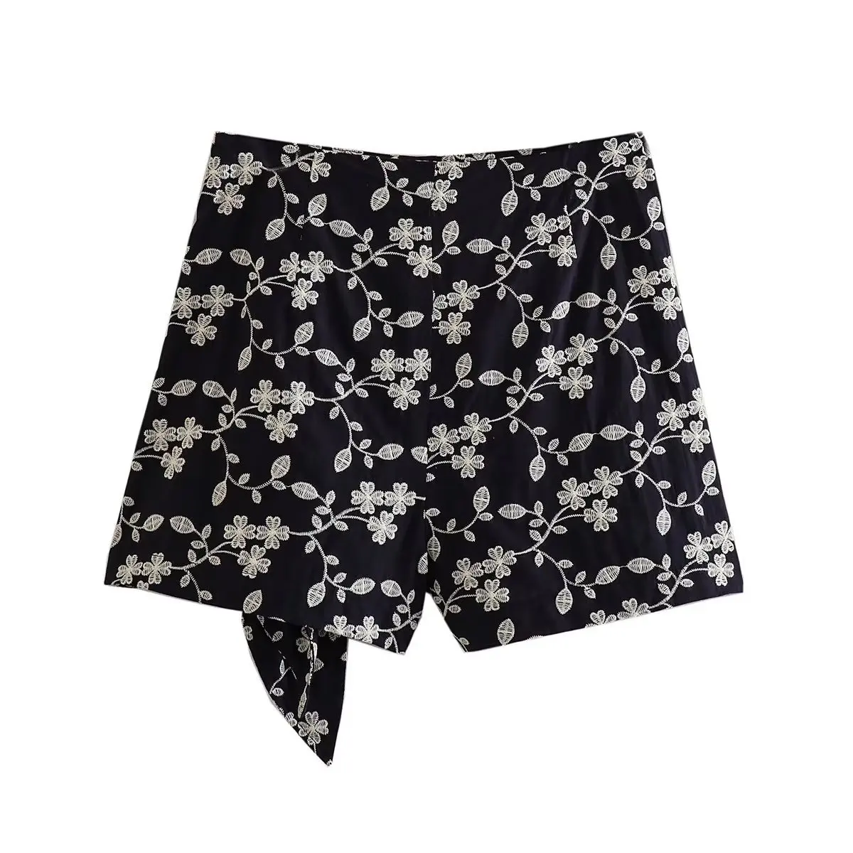 TRAF 2023 New Women Summer Fashion Flower Embroidery Bow Tied Mini Sarong Shorts Skirts Female Side Zipper Slim Hot Pants Mujer