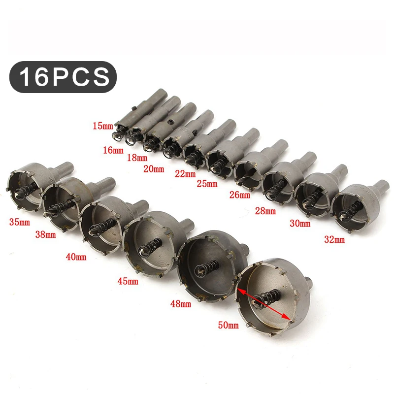 15-50mm 16pcs HSS Hole Saw Set Tungsten Carbide Tip TCT Core Drill Bit Hole Saw for Metal Stainless Steel Cutter Hole Openner