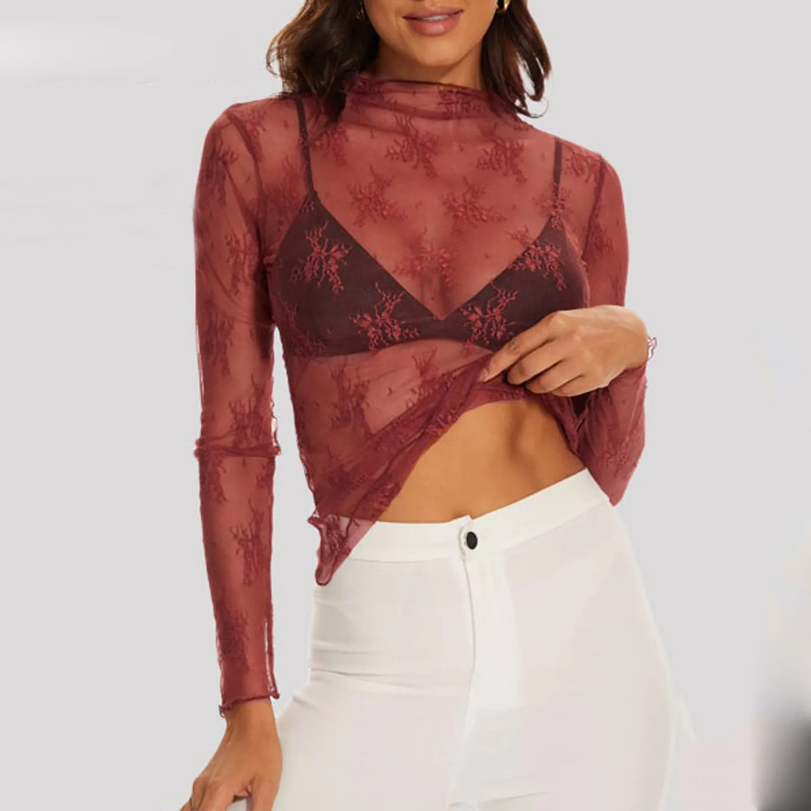 

Summer Sexy Lace Mesh Sheer T Shirt Women Transparent Tops Turtleneck See Through Cover Up Summer Female Tshirt Crochet Clubwear