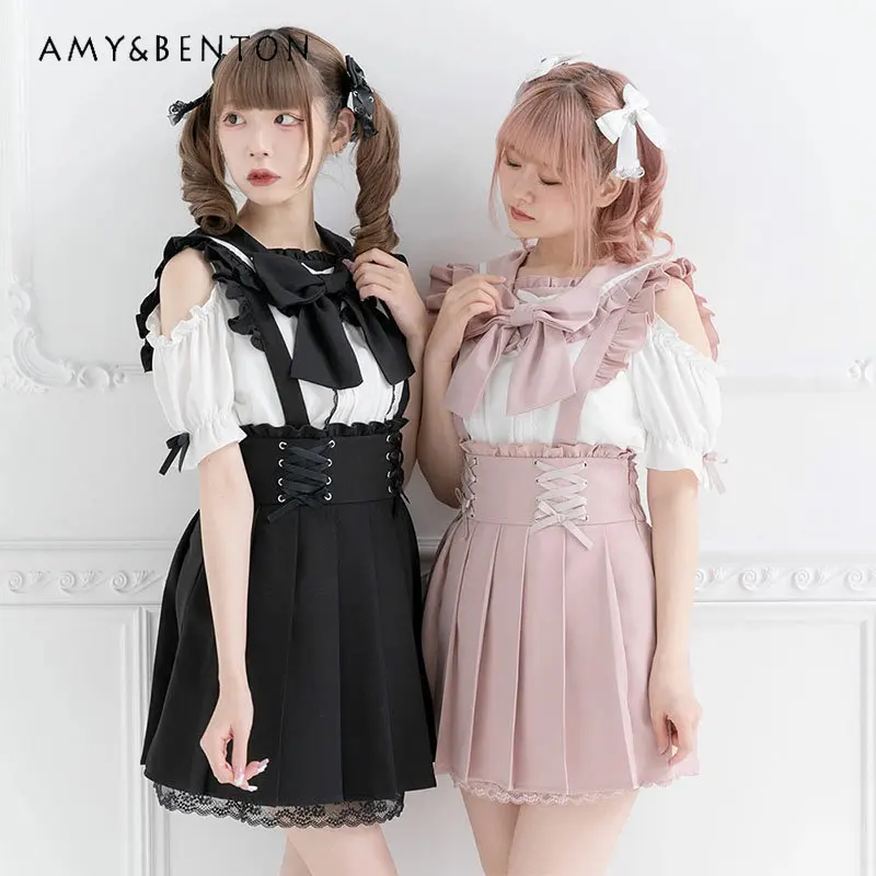 Pleated Skirt for Women Fashion Summer Autumn Wooden Ear Lace Suspender Skirt Bow Sweet Ladies Short Skirt