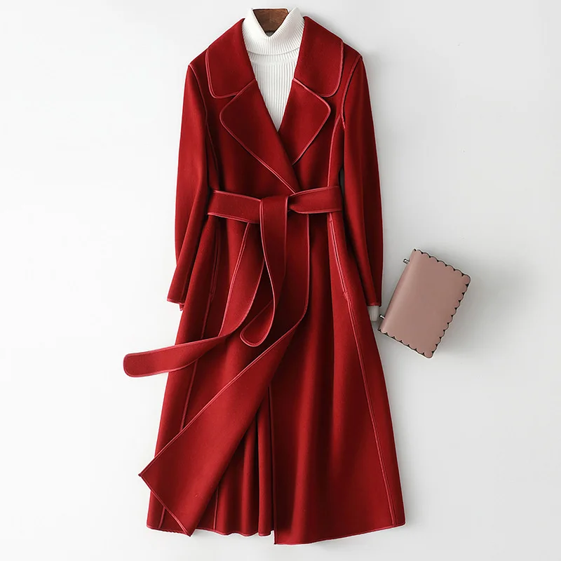 

Двустороннее кашемировое пальто для женщин, высококачественное приталенное шерстяное пальто средней длины в стиле Хепберн, 2022
