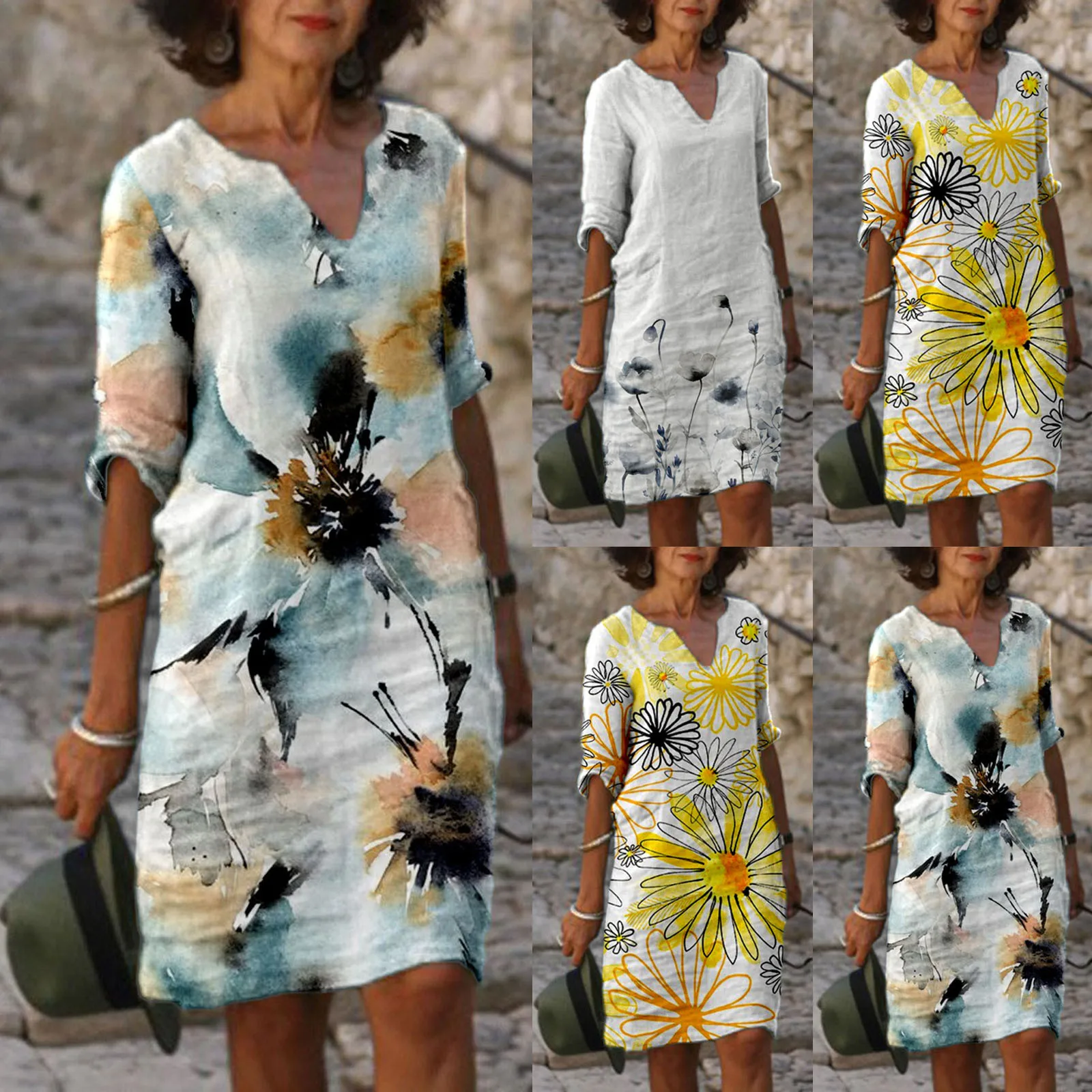 

Платье женское с запахом, модный простой Повседневный Сарафан средней длины с V-образным вырезом, Винтажное с цветочным принтом, в деловом стиле, лето