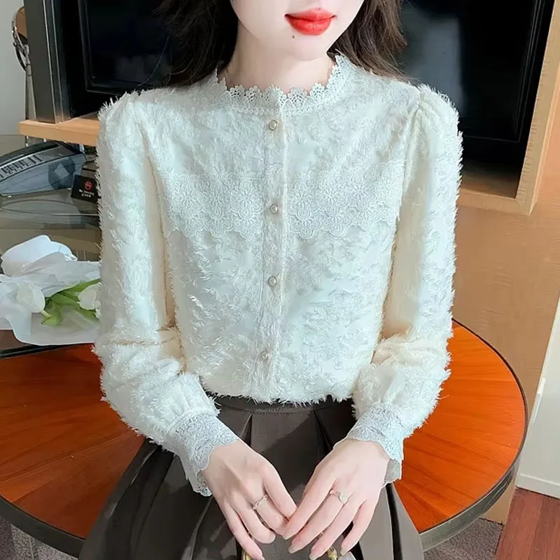Модная женская рубашка с длинным рукавом бархатная утепленная кружевная