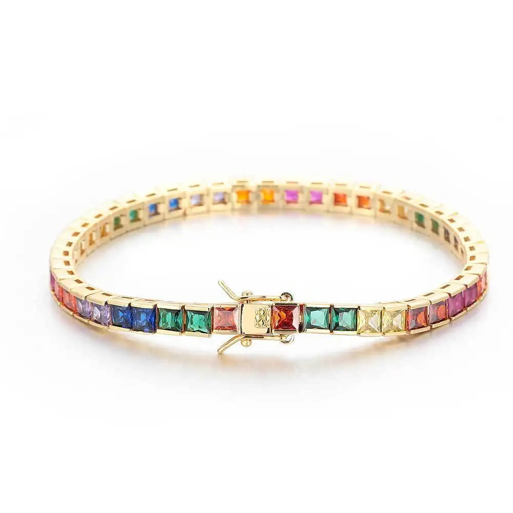 Браслет Теннисный мужской с цветным квадратным фианитом и золотом 18 К