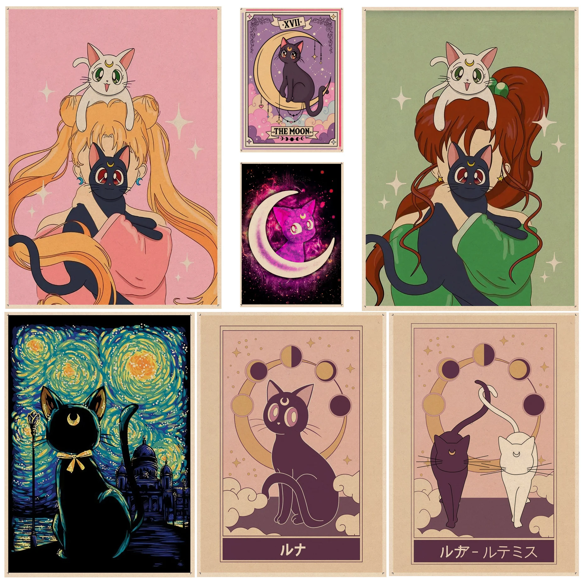 Плакат BANDAI из крафт-бумаги в стиле ретро с изображением Сейлор Мун кошки |