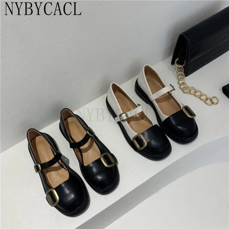 

Woman Leather Shoes 2022 New Female British Style Buckle Princess Shoes Girls Casual Black Single Shoes Chic Flats Fashion
