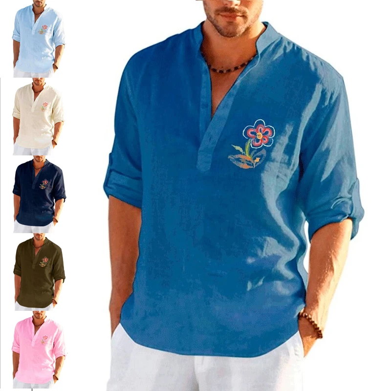 

Fashion New Men's Linen Long Sleeve T-Shirt Solid Color One Flower Print Men's Casual Shirt Loose Large Size Shirt T-Shirt