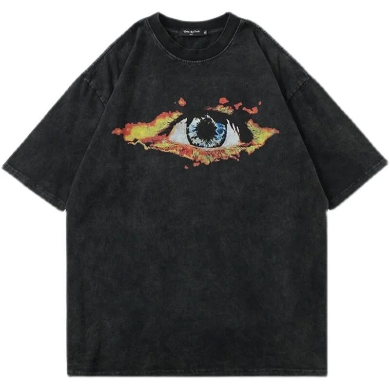 

Oversize Washed Tee 2023 Retro Unisex High Street Eyeball Pattern Oversized Anime Tee Street Fashion Hip Hop