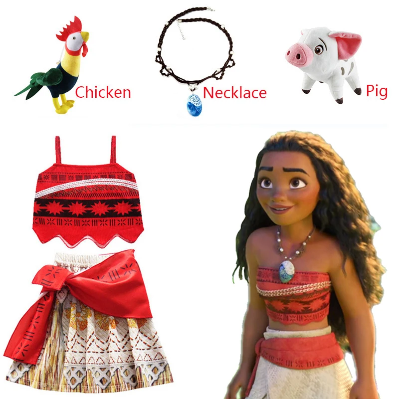 Moana Dress Kids Cosplay Girls Clothes Princess Vaiana Dress Children Birthday Party Costume with Necklace Pet Pig Chick Sets