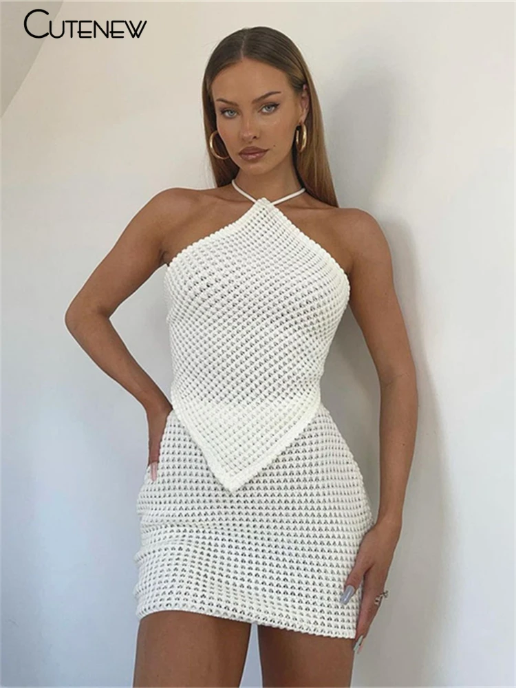 

Cutenew Elegant Knit Solid Two Piece Set Women Backless Bandage Halter Bellyband+High Waist Skinny Skirt Lady Casual Streetwear