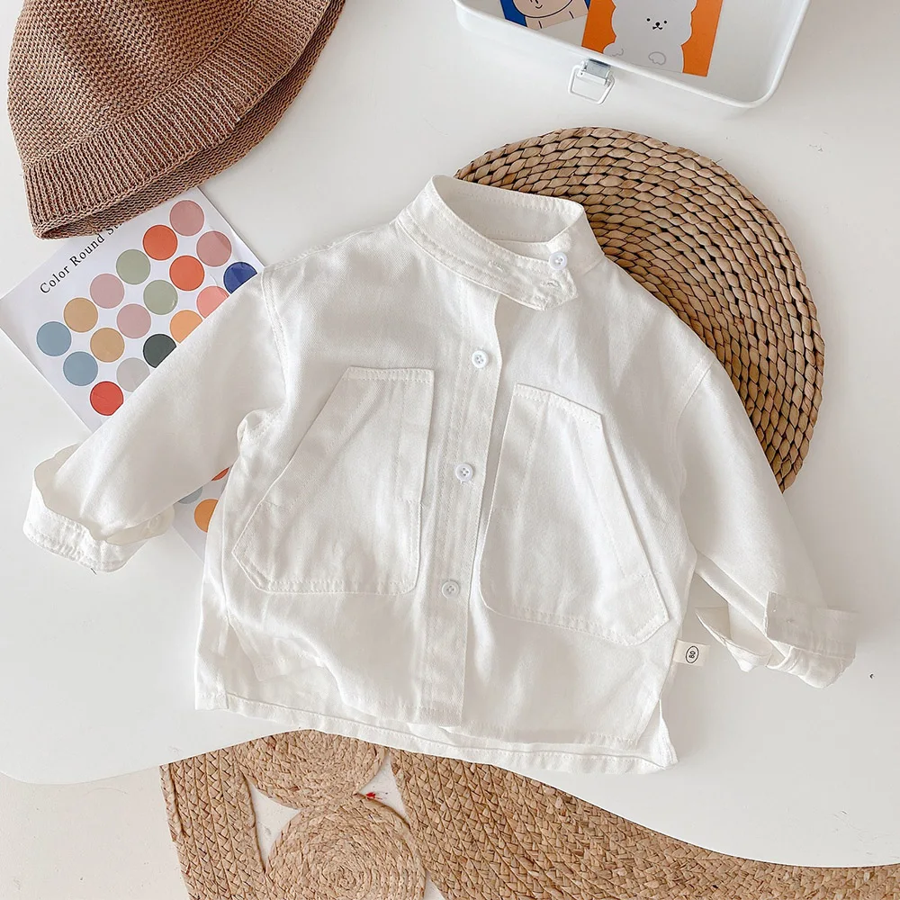 

Stand Collar Kids Shirts For Boys Long Sleeve Solid Color Spring Autumn Children Clothing