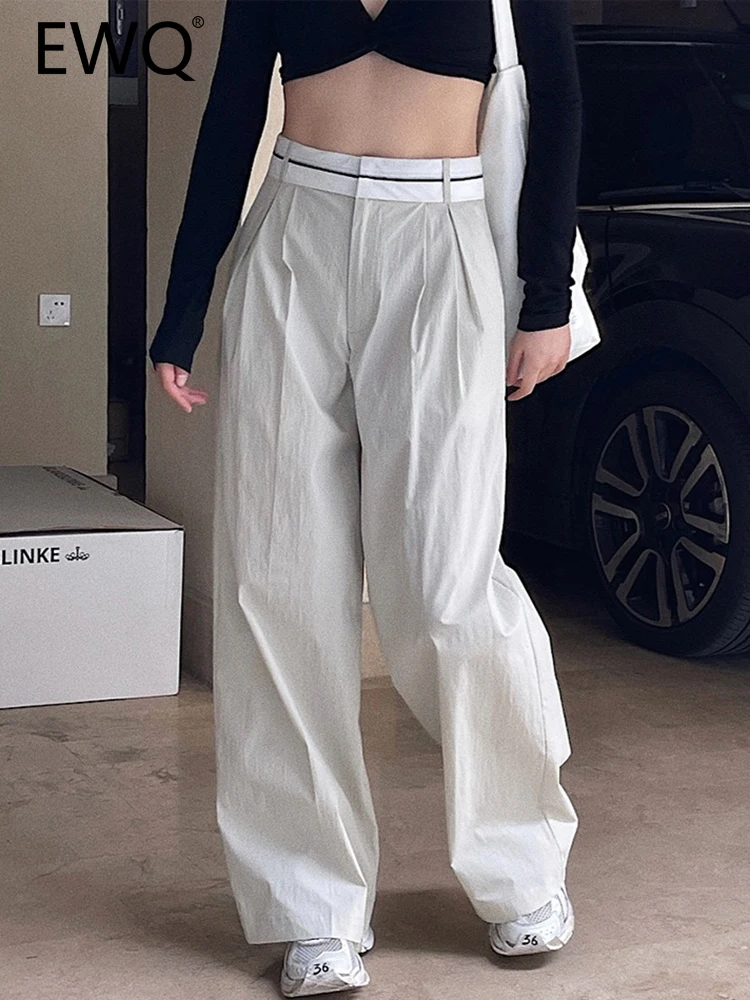 

EWQ High Waist Wide Leg Pants For Women Contrast Color Straight Loose Trouses Streetwear Clothing 2023 Autumn New 26D3582