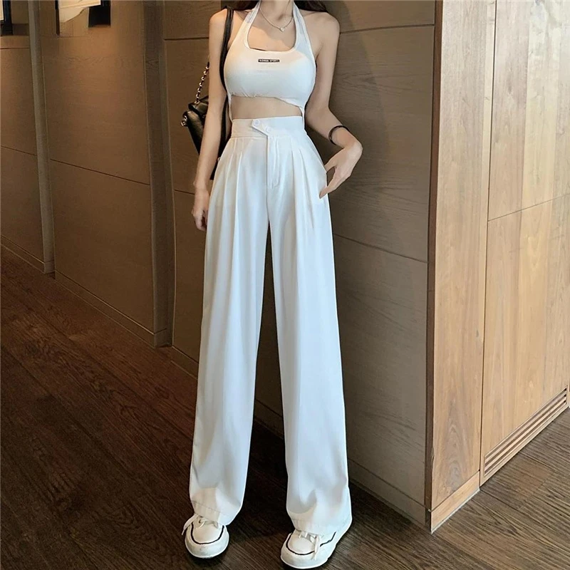 Korean Fashion Casual Y2k Streetwear Straight Wide Leg Trousers 2023 Spring Summer Solid High Waist Harajuku Pleated Suit Pants