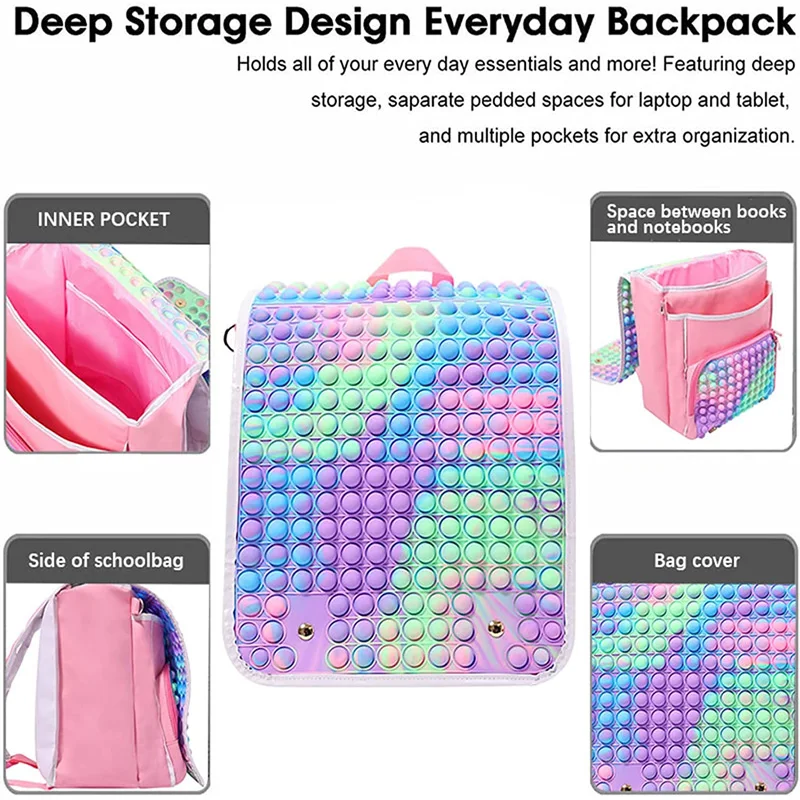 Rainbow School Backpack 3D Silicone Bubble Bag Sensory Fidget Toy Stress Relief Autism Student Travel Rucksack for Boys Girls enlarge